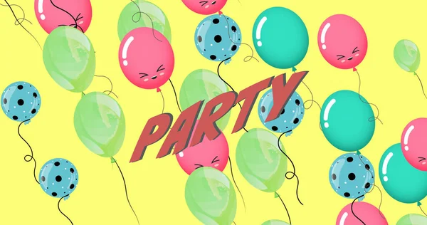 Image of party text over colorful balloons on yellow background. Celebration and party concept digitally generated image.