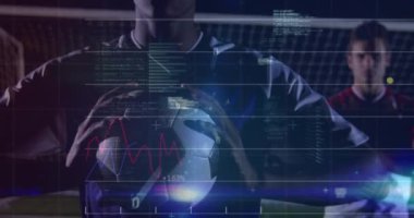 Afro-Amerikan futbolcu üzerinden finansal veri işleme animasyonu. Küresel spor, iş, finans, bilgisayar ve veri işleme kavramı dijital olarak oluşturulmuş video.
