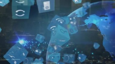 Dijital simgelerin animasyonu, dönen küre ve mavi ışık noktası şehir manzarasına karşı. Bilgisayar arayüzü ve iş teknolojisi kavramı