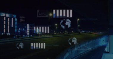 Şehir manzarası üzerinden küresel ve finansal veri işleme animasyonları. Küresel iş, finans, dijital arayüz, hesaplama ve veri işleme kavramı dijital olarak oluşturuldu.