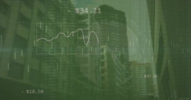 Animation of financial data processing over cityscape. Global business, finances, computing and data processing concept digitally generated video.