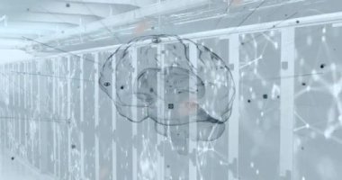 Sunucu odasındaki bağlantıların ve beynin animasyonu. Küresel teknoloji ve dijital arayüz konsepti dijital olarak oluşturulmuş video.