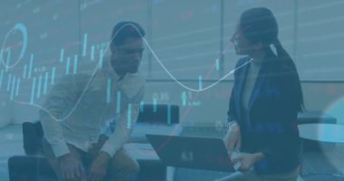 Animation of financial data processing over diverse business people. Global business, finances, computing and data processing concept digitally generated video.