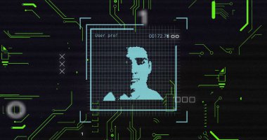 Biyometrik fotoğraf ve veri işleme görüntüsü. Çevrimiçi güvenlik, virüs siber saldırısı, hesaplama ve veri işleme kavramı dijital olarak oluşturuldu.