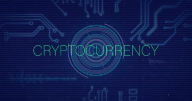 Şifreleme metni, devre kartı ve veri işleme resmi. Küresel hesaplama, dijital arayüz ve dijital olarak oluşturulmuş veri işleme kavramı. Özgün olarak oluşturulmuş resim.