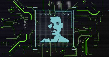 Biyometrik fotoğraf ve veri işleme görüntüsü. Çevrimiçi güvenlik, virüs siber saldırısı, hesaplama ve veri işleme kavramı dijital olarak oluşturuldu.