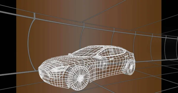 Composition of digital car over lines on brown background. Global transport, computing and digital interface concept digitally generated image.