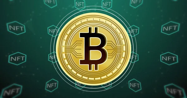 緑の背景にNftテキスト上のビットコイン記号の画像 デジタル的に生成された世界的なビジネス デジタルインターフェースの概念 — ストック写真