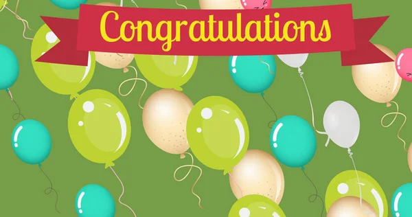 Image of congratulations text over colorful balloons on green background. Celebration and party concept digitally generated image.