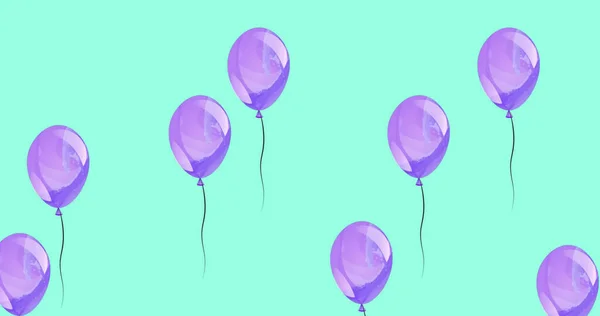 Image of purple balloons over green background. Party, celebration and digital interface concept digitally generated image.