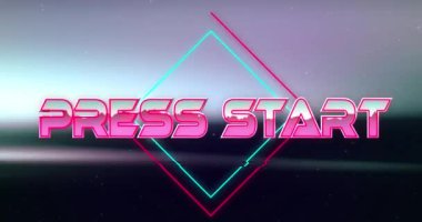 Basın başlangıç metninin canlandırması eşkenar dörtgenler üzerinden soyut arkaplan ile karşılaştırılır. Dijital olarak üretilmiş, hologram, illüstrasyon, video oyunu, atari salonu, başlangıç, şekil, aydınlatma ve teknoloji konsepti.