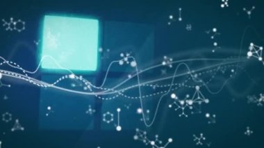 Aydınlatılmış kareler ve moleküller üzerindeki dalga desenlerinin mavi arkaplana karşı animasyonu. Dijital olarak üretilen hologram, illüstrasyon, genetik, tıbbi, sağlık ve teknoloji kavramı.