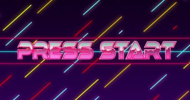 Basındaki dağların animasyonu soyut arkaplan karşısındaki satırlar üzerinden metne başlıyor. Dijital olarak üretilmiş, hologram, aydınlatılmış, başlangıç, manzara, video oyunu, atari ve teknoloji konsepti.