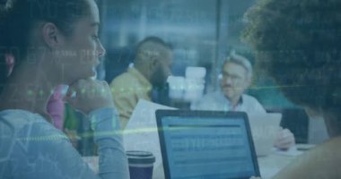 Animation of financial data processing over diverse business people. Global business, finances, computing and data processing concept digitally generated video.