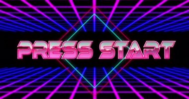 Basın başlangıç metninin animasyonu eşkenar dörtgenler üzerinden ve şebeke şablonu ile siyah arkaplan. Dijital olarak üretilmiş, hologram, illüstrasyon, video oyunu, atari salonu, başlangıç, soyut ve teknoloji kavramı.