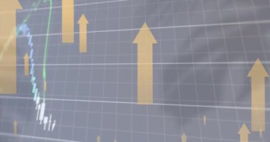 Oklar ve bulutlar üzerinde finansal veri işleme animasyonu. Küresel iş, finans, hesaplama ve veri işleme kavramı dijital olarak oluşturulmuş video.