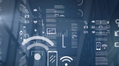 Simgeler, grafikler, veriler, yükleme çemberleri, düşük açılı pencereler ve koridor tavanı animasyonu. Dijital bileşik, çoklu pozlama, ofis, rapor, iş, ilerleme ve teknoloji kavramı.