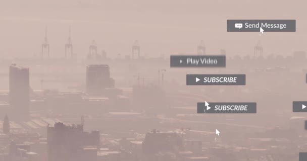 Animación Cursores Etiquetas Notificación Sobre Vista Aérea Niebla Cubierto Paisaje — Vídeo de stock