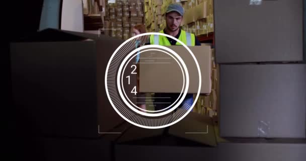 Animación Números Cambiantes Círculos Sobre Hombre Caucásico Colocando Cajas Vehículo — Vídeo de stock