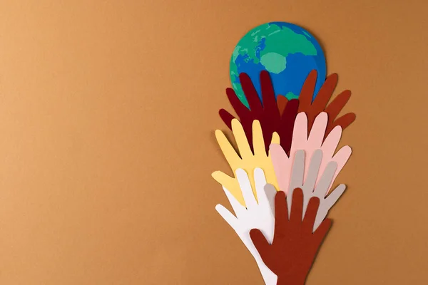 Paper Cut Out Multi Coloured Hands Globe Copy Space Brown — Stock Photo, Image