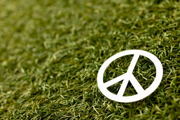 Close up of white peace sign with copy space on grass background. Peace and anti war movement concept.