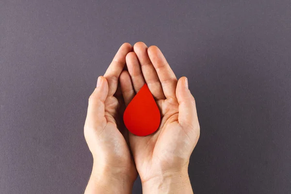 Hands Caucasian Woman Cupping Blood Drop Grey Background Copy Space — Stock Photo, Image