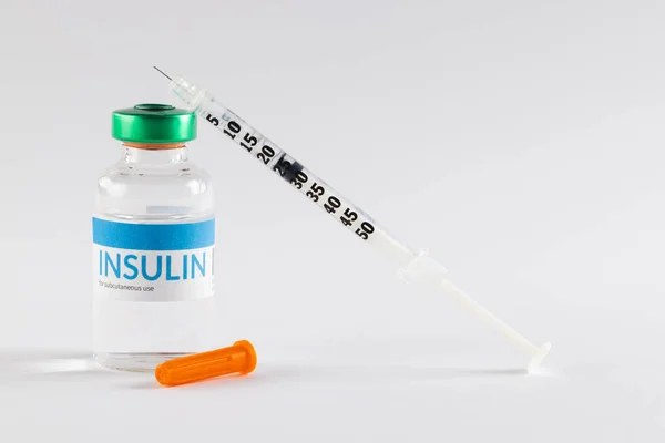 Insulin Vial Uncapped Syringe White Background Blood Sugar Diabetes Health — Stock Photo, Image