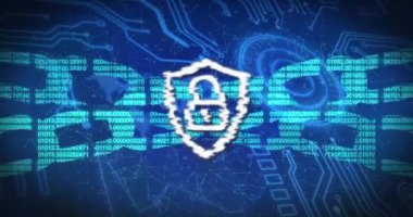 Yuvarlak tarayıcı ve mikro işlemci bağlantılarında güvenlik kilidi, kalkan ve zincir simgesi animasyonu. Siber güvenlik ve iş teknolojisi kavramı