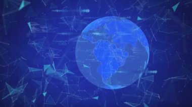 Mavi arka planda bağlı noktaların dünya üzerinde şekil ve bilgisayar dilinde şekillenmesinin animasyonu. Dijital olarak üretilmiş, hologram, iletişim, küreselleşme, kodlama ve teknoloji kavramı.