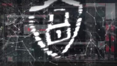 Bilgisayar sunucularında asma kilit simgesi ve veri işleme animasyonu. Dijital olarak oluşturulmuş küresel bağlantılar, iş, bilgisayar ve veri işleme kavramı.