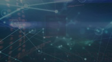 Mavi arkaplan üzerinde veri işleme ile ekranlar üzerinden bağlantı ağının animasyonu. Bilgisayar arayüzü ve iş teknolojisi kavramı