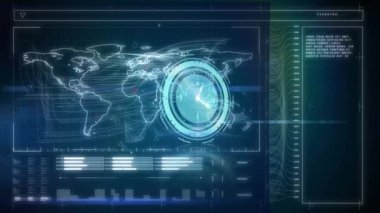 Koyu arkaplan üzerinde saat ve veri işleme animasyonu. Küresel iş, finans, hesaplama ve veri işleme kavramı dijital olarak oluşturulmuş video.