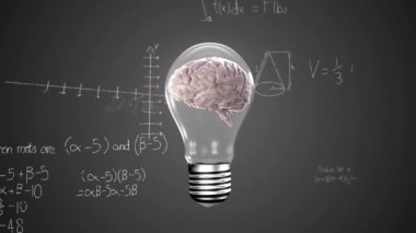 Elektrik ampulünde dönen insan beyninin animasyonu ve gri arkaplanda matematiksel denklemler. Tıbbi araştırma ve iş teknolojisi kavramı