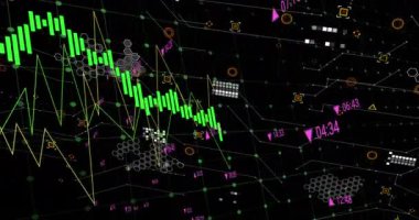 Siyah arkaplandaki devre kartı deseninde değişen sayılarla birden fazla grafiğin animasyonu. Dijital olarak üretilen hologram, illüstrasyon, rapor, iş dünyası, büyüme ve soyut kavram.