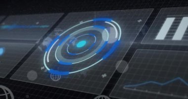 Yuvarlak tarayıcı ve veri işleme ile arayüzde yüzen web küresi simgelerinin animasyonu. Bilgisayar arayüzü ve iş teknolojisi kavramı