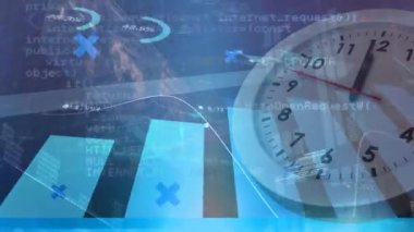 İstatistiksel ve borsa veri işleme animasyonları mavi arkaplanla çalışan saatin üzerinde işleniyor. Küresel ekonomi ve iş veri teknolojisi kavramı