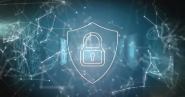 Asma kilit simgesi ve veri işleme ile bağlantı ağının animasyonu. Küresel bulut hesaplama, dijital arayüz ve veri işleme kavramı dijital olarak oluşturulmuş video.