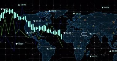 Siyah arkaplana karşı harita üzerinde değişen sayılarla birden fazla grafiğin animasyonu. Dijital olarak üretilmiş, hologram, illüstrasyon, küresel, rapor, iş dünyası, büyüme ve teknoloji kavramı.