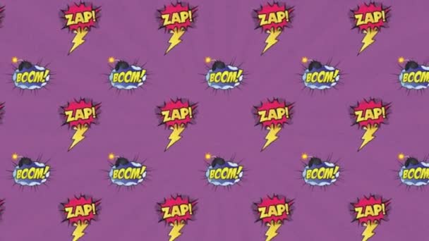 Animation Von Zapp Und Boom Texten Mit Symbolen Über Kreisen — Stockvideo