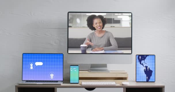 African American Businesswoman Computer Video Call Data Processing Screens Office — Stock Video