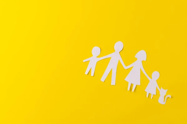 White Paper Cut Out Family Two Children Copy Space Yellow — Stock Photo, Image