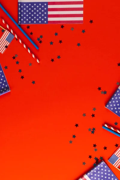 stock image Red, blue and white stars and flags of united states of america with copy space on red background. American patriotism, independence day and tradition concept.