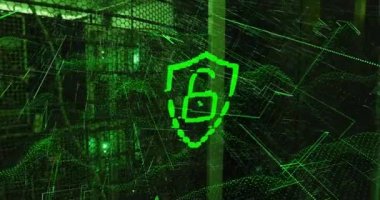 Dinamik dalga deseni ve sunucu odasına karşı çizgilerin üzerindeki asma kilidin animasyonu. Dijital bileşik, çoklu pozlama, koruma, iletişim, teknoloji ve ağ sunucu kavramı.