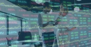 Animation of stock market data processing over two diverse women discussing at office. Global economy and business technology concept