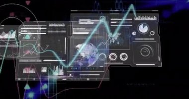 Finansal veri işleme animasyonunun dünya haritası ve siyah arkaplan üzerinde dünya haritası. Küresel iş, finans ve dijital arayüz kavramı dijital olarak oluşturulmuş video.