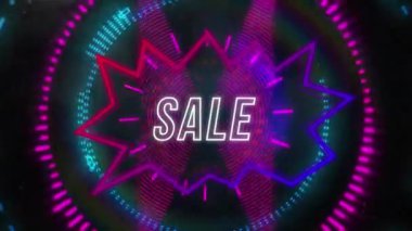 Siyah arkaplanda neon şekilli satılık metin animasyonu. Soyut arkaplan, renk ve hareket kavramı dijital olarak oluşturulmuş video.