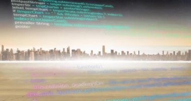 Nehir üzerinde bilgisayar dili animasyonu ve gökdelenler gökyüzüne karşı. Dijital bileşik, çoklu pozlama, mimari, binalar, kodlama, makine öğrenme, soyut ve teknoloji kavramı.