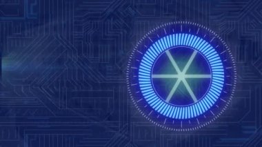 Mikroişlemci bağlantıları ve ikili kodlama üzerinde dönen neon yuvarlak tarayıcının animasyonu. Bilgisayar arayüzü ve iş teknolojisi kavramı