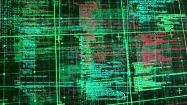 Ağ üzerinden yeşil arkaplan ile veri işleme animasyonu. Bilgisayar arayüzü ve iş teknolojisi kavramı