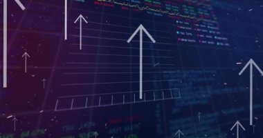 Çoklu grafikler ve soyut arkaplan ile ticaret panolarının üzerindeki okları canlandırmak. Dijital olarak üretilen hologram, illüstrasyon, rapor, iş dünyası, borsa, büyüme ve teknoloji kavramı.